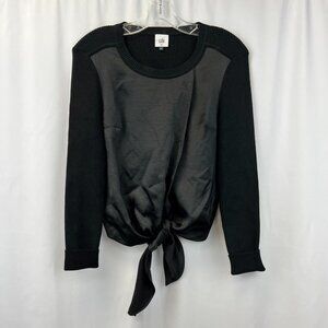 Cabi Womens Black Ribbed Long Sleeve Round Neck Crosstie Pullover Sweater XS